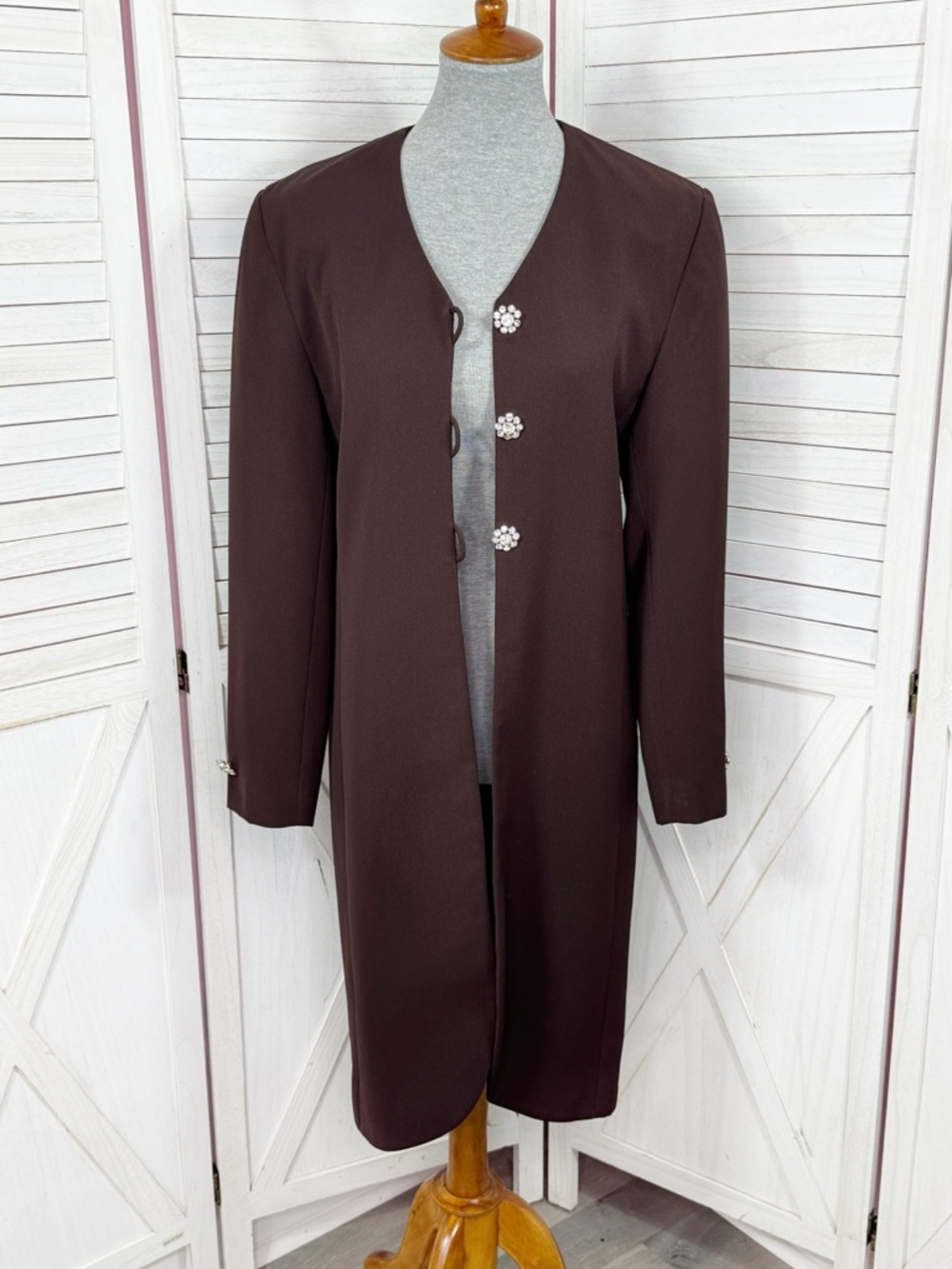 Vintage Scaasi Topper Jacket Women 8 Brown Rhinestone Button Long Line Blazer‎